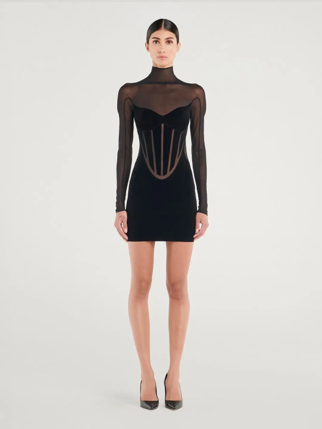 Mugler Wolford Mesh-paneled Mini Dress Black Size 6 for rent on The Volte - main image
