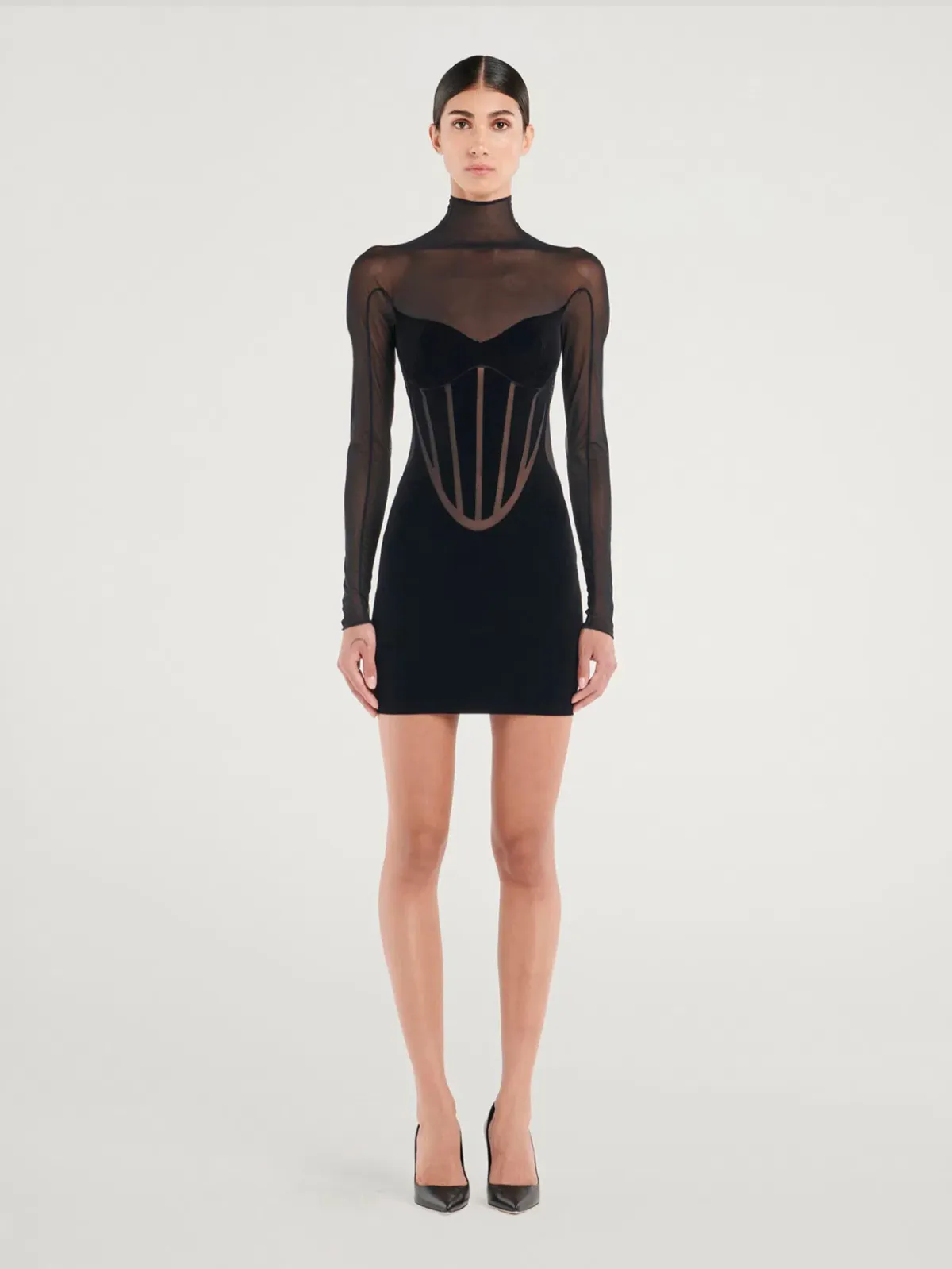 Mugler Wolford Mesh-paneled Mini Dress Black Size 6 for rent on The Volte - main image