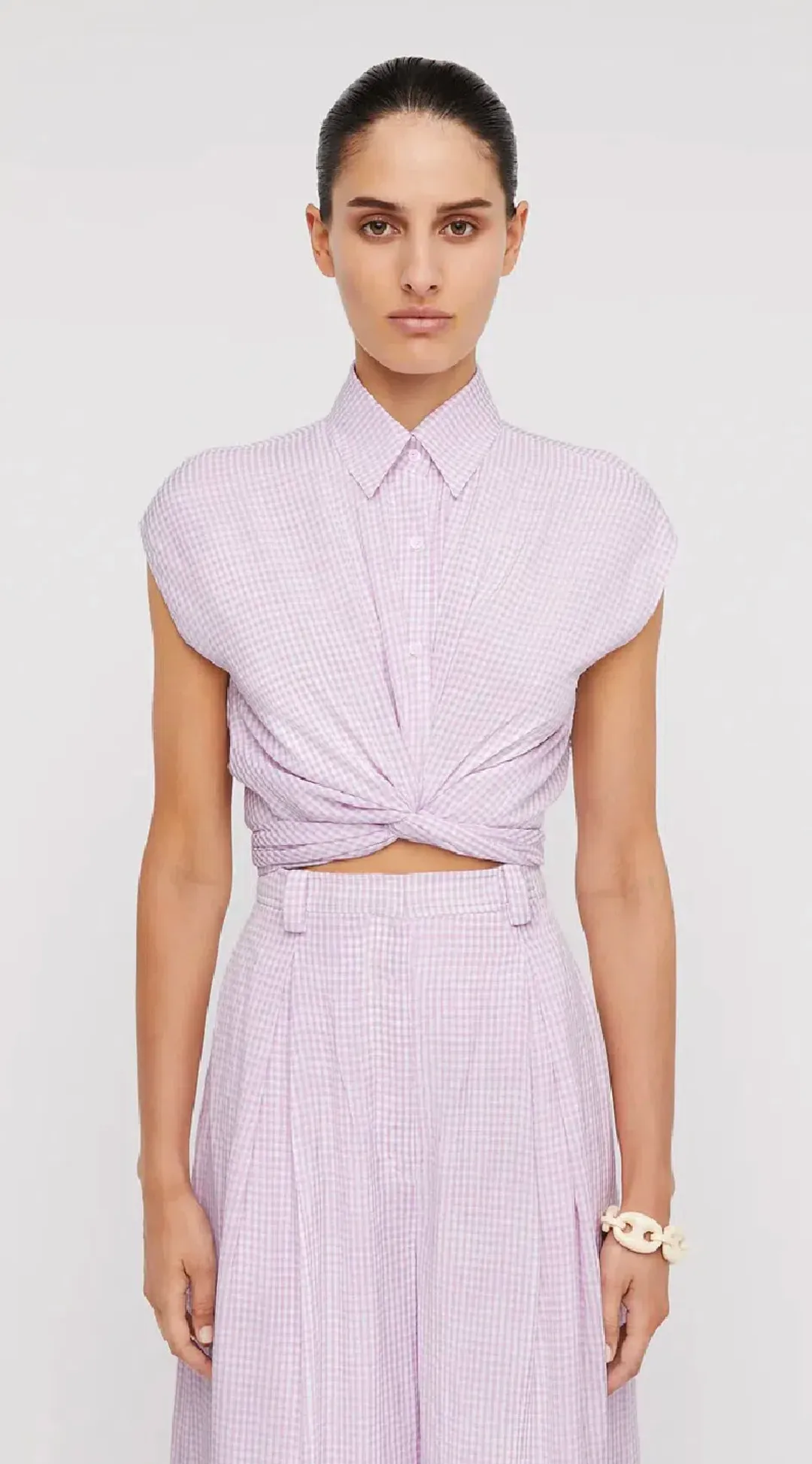 Scanlan Theodore Gingham Tie Front Shirt & Cropped Trouser Set Mauve Size AU 8 for rent on The Volte - main image