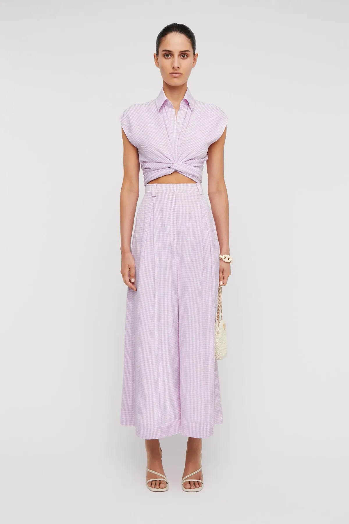 Scanlan Theodore Gingham Tie Front Shirt & Cropped Trouser Set Mauve Size AU 8 - Image 1
