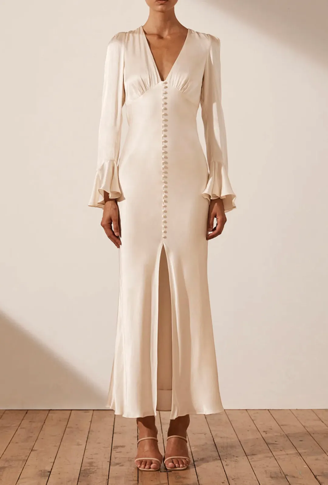 Shona Joy La Lune Frill Cuff Bias Midi Dress Cream Size 8 / S for rent on The Volte - main image