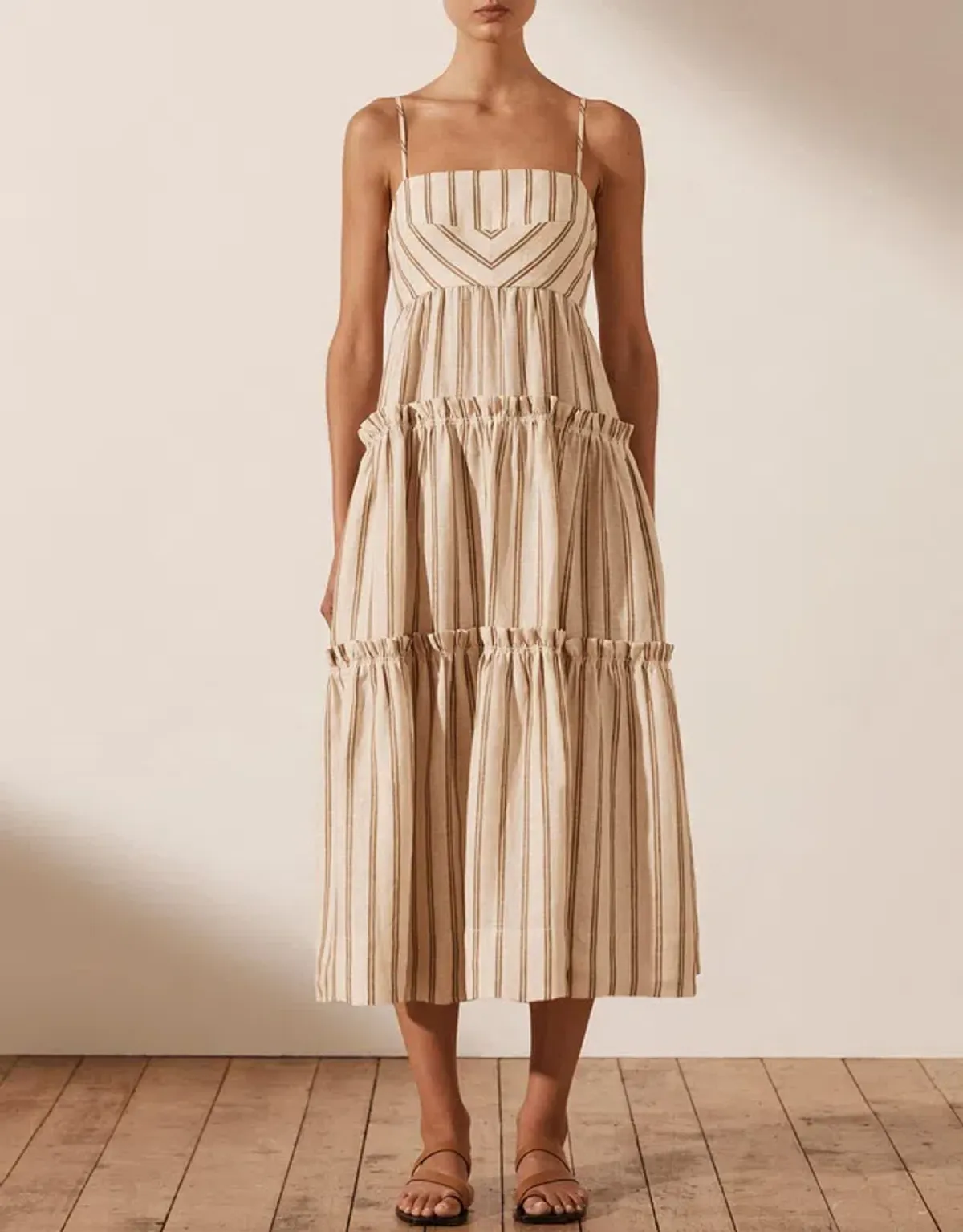 Shona Joy Aries Open Back Tiered Midi Dress Stripe Size 10 - Image 1