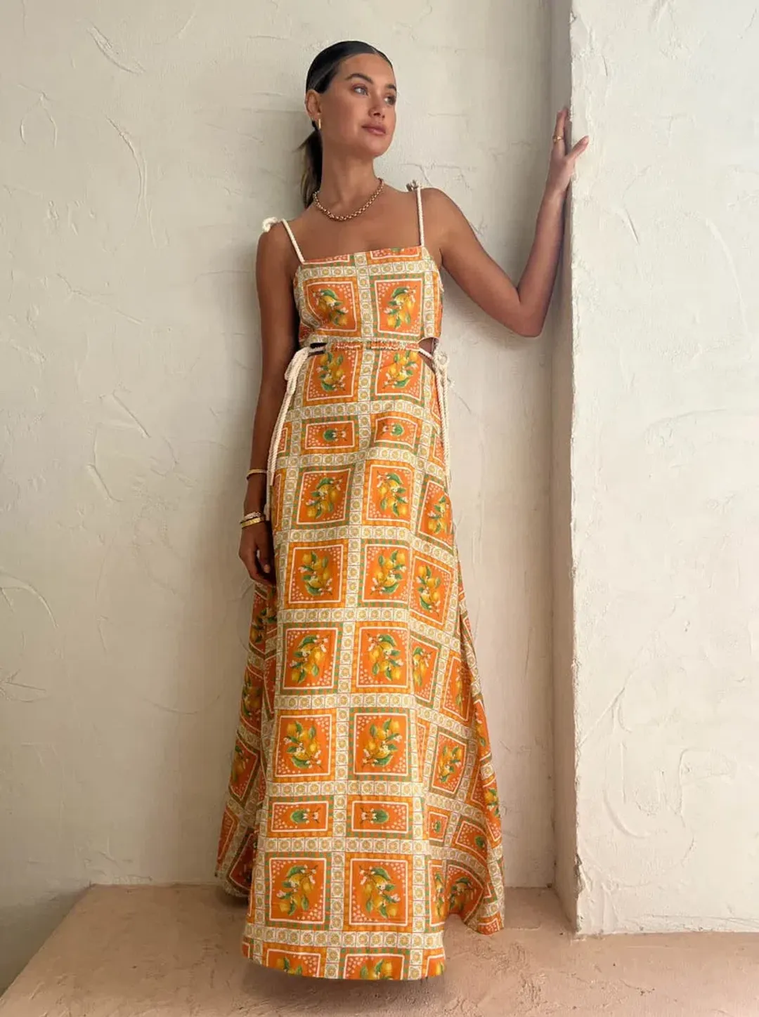 By Nicola Lemonade Tie Maxi Dress In Orange Mosaic Print Size 6 for rent on The Volte - main image