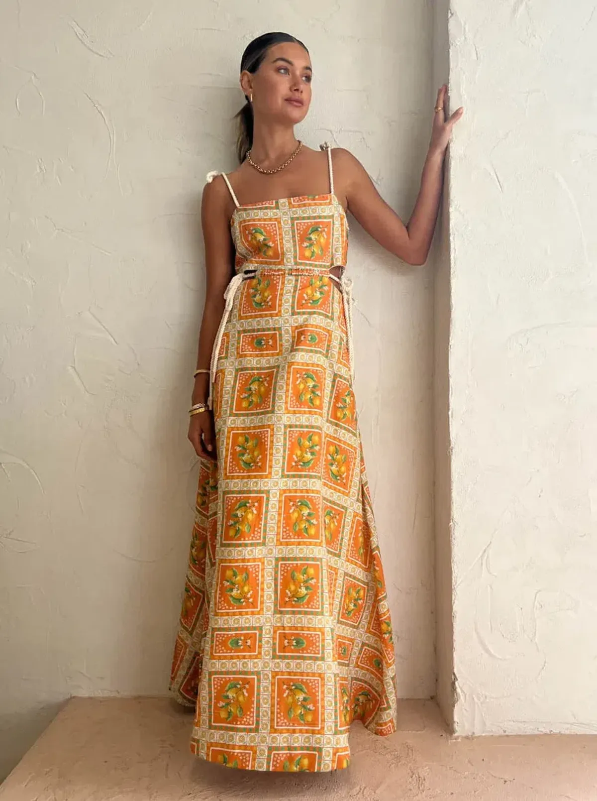 By Nicola Lemonade Tie Maxi Dress In Orange Mosaic Print Size 6 for rent on The Volte - main image