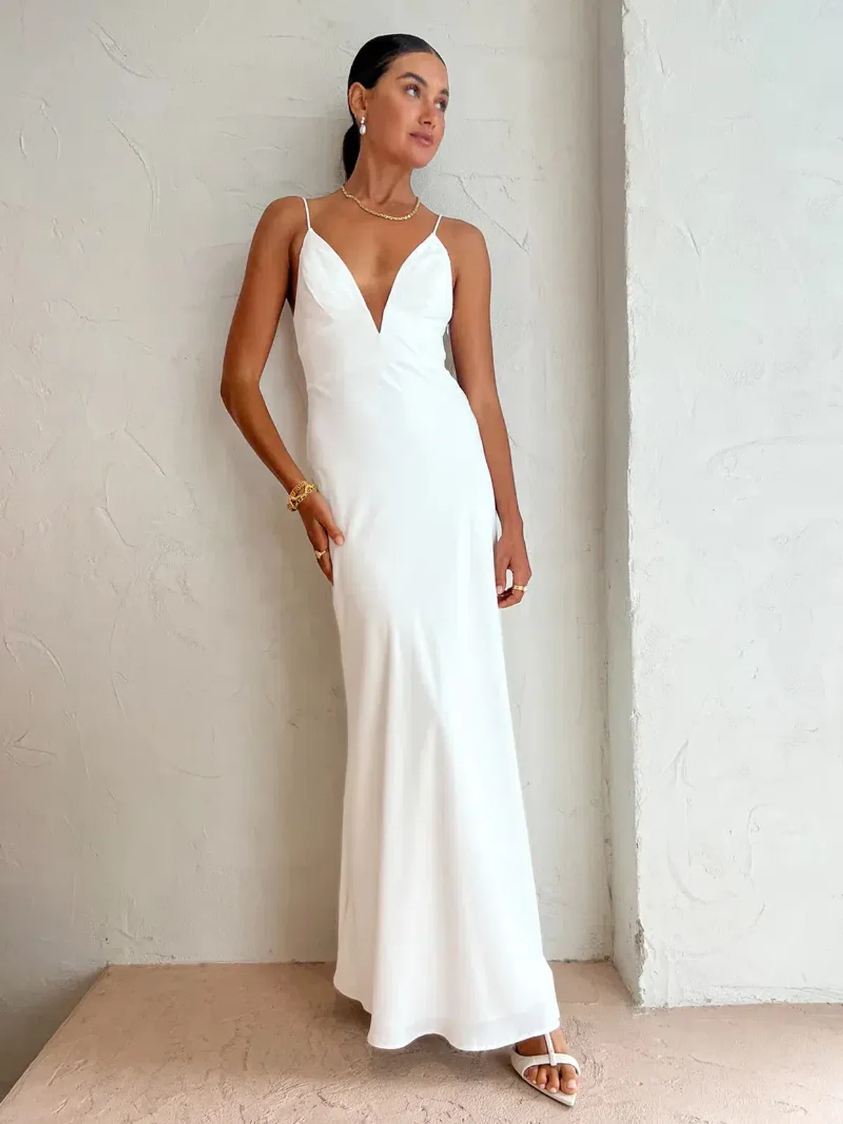 By Johnny Soraya V Front Midi Dress in Ivory White Size AU 8 for rent on The Volte - main image