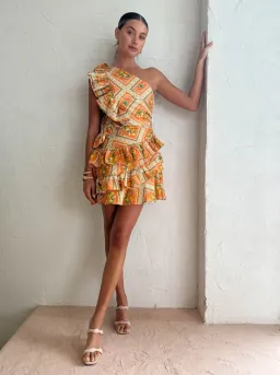 By Nicola Adrift Frill Mini Dress in Orange Mosaic Print Size 10 for rent on The Volte - image 1