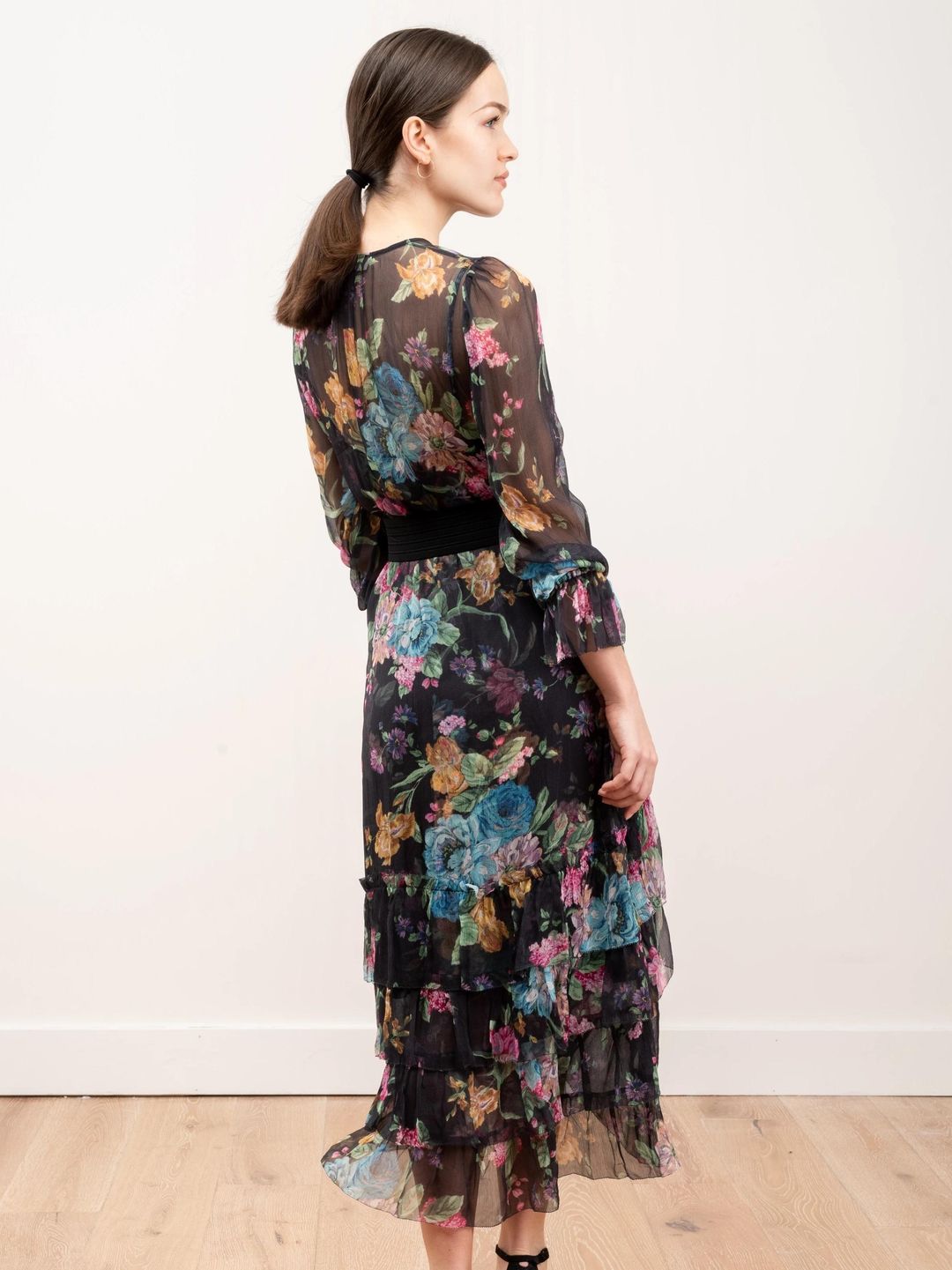 Zimmermann Ninety Six Chevron Frill Midi Dress in Black Blossom Size 8 for rent on The Volte - main image