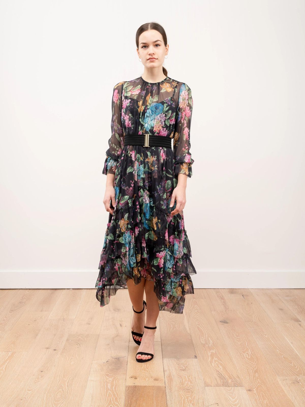 Zimmermann Ninety Six Chevron Frill Midi Dress in Black Blossom Size 8 for rent on The Volte - main image
