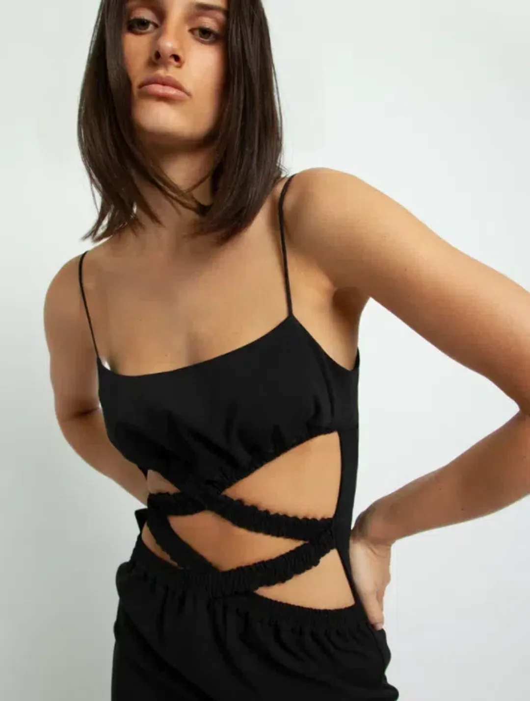 Christopher Esber Crossed Torso Wool Bra Dress Black Size 8 for rent on The Volte - main image
