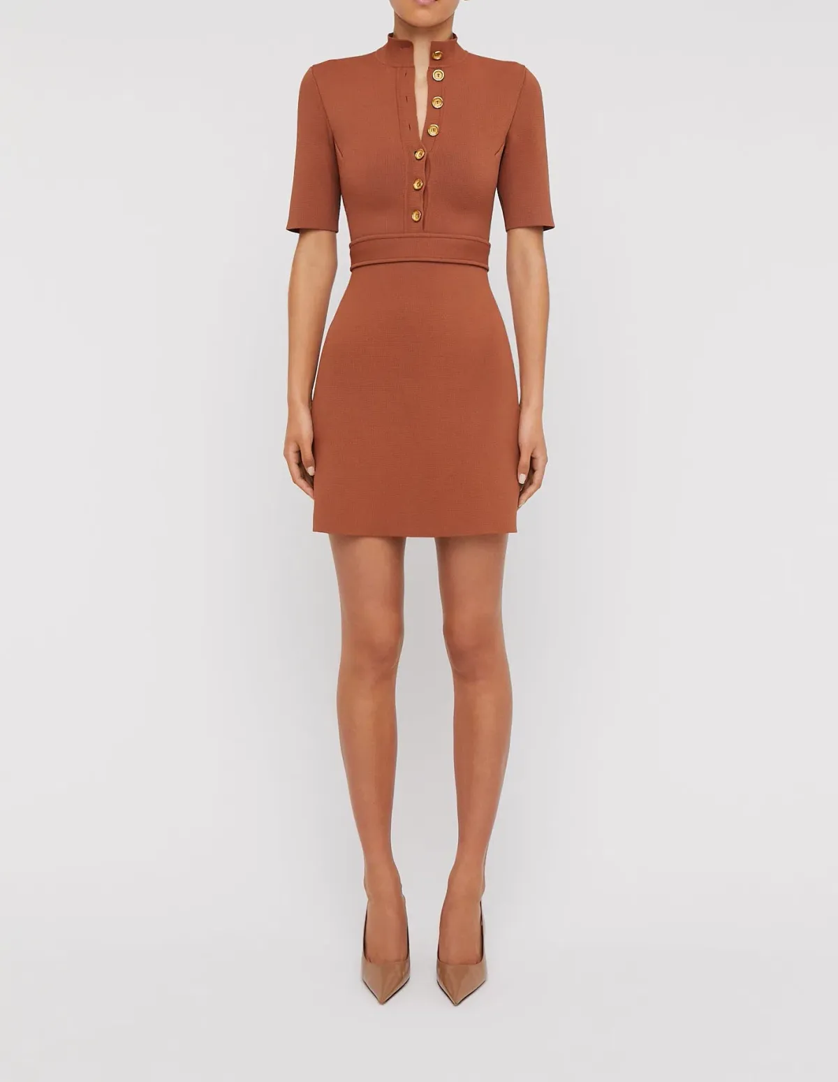 Scanlan Theodore Crepe Knit Mini Button Dress Brown Size XS / 6 - Image 1