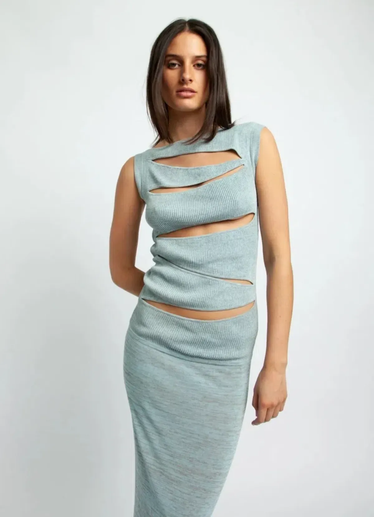 Christopher Esber Slashed Knit Mini Dress Blue Size AU 6 - Image 2