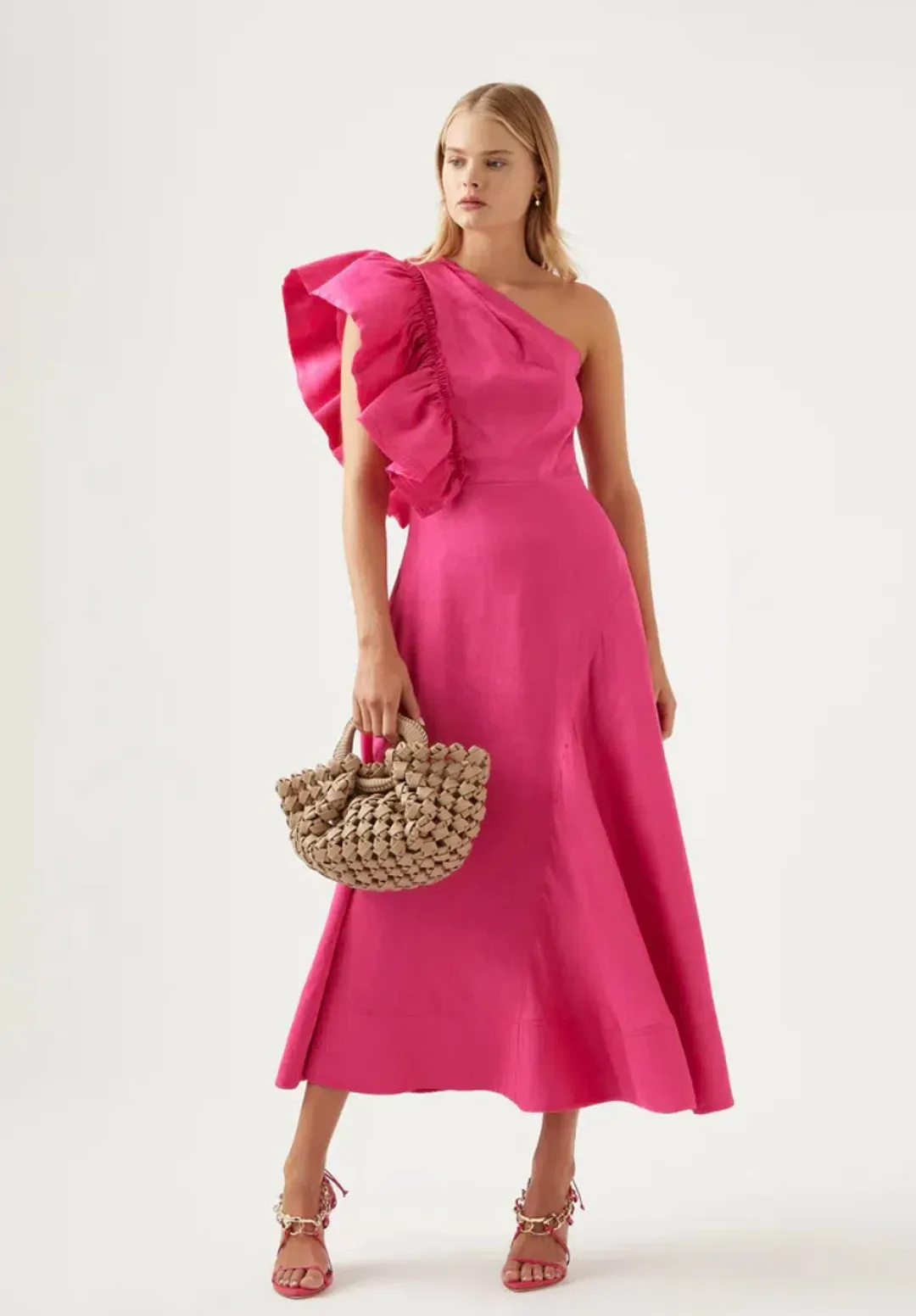 Aje Bonjour Asymmetric Midi Dress Fuchsia Size 10 for rent on The Volte - main image