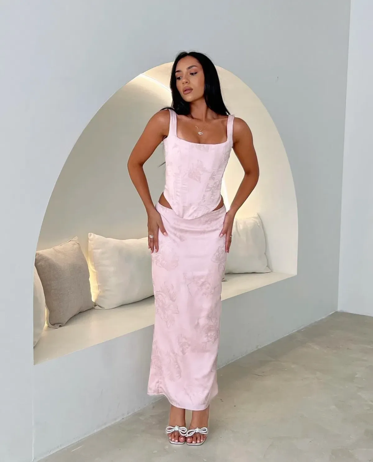 House of CB Luisette Metallic Midi Skirt & Rafa Corset Set Pink Floral Size 8 - Image 3