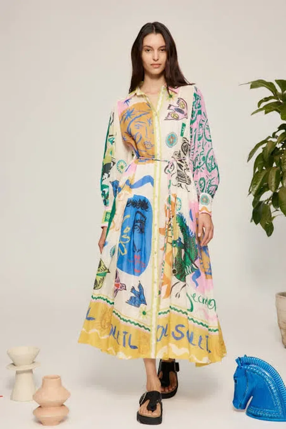 Alemais Soleil Patchwork Midi Shirtdress Long Sleeve in Cream Size AU 6 for rent on The Volte - main image
