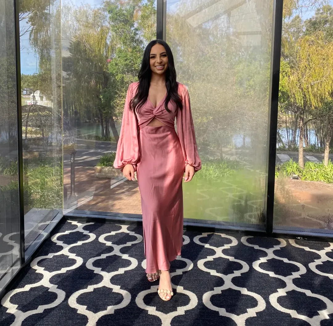 Shona Joy Luxe Twist Front Balloon Sleeve Midi Dress Pink Size 6 / XS for rent on The Volte - main image