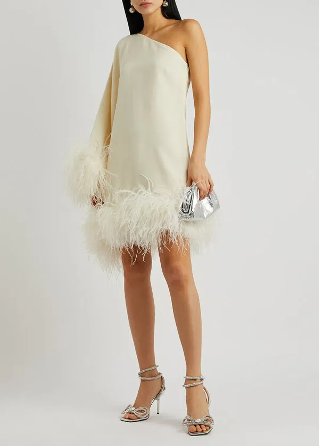 Taller Marmo Piccolo Ivory Feather Trimmed One Shoulder Mini Dress Ivory Size 10 for rent on The Volte - main image