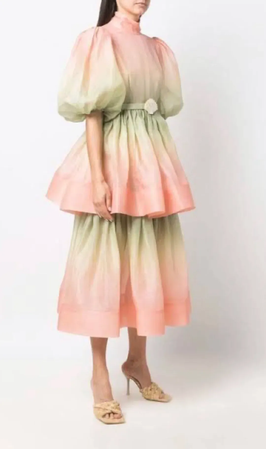 Zimmermann Postcard Puff Sleeve Midi Dress Ombre Watermelon Size 0P /Au 6 for rent on The Volte - main image