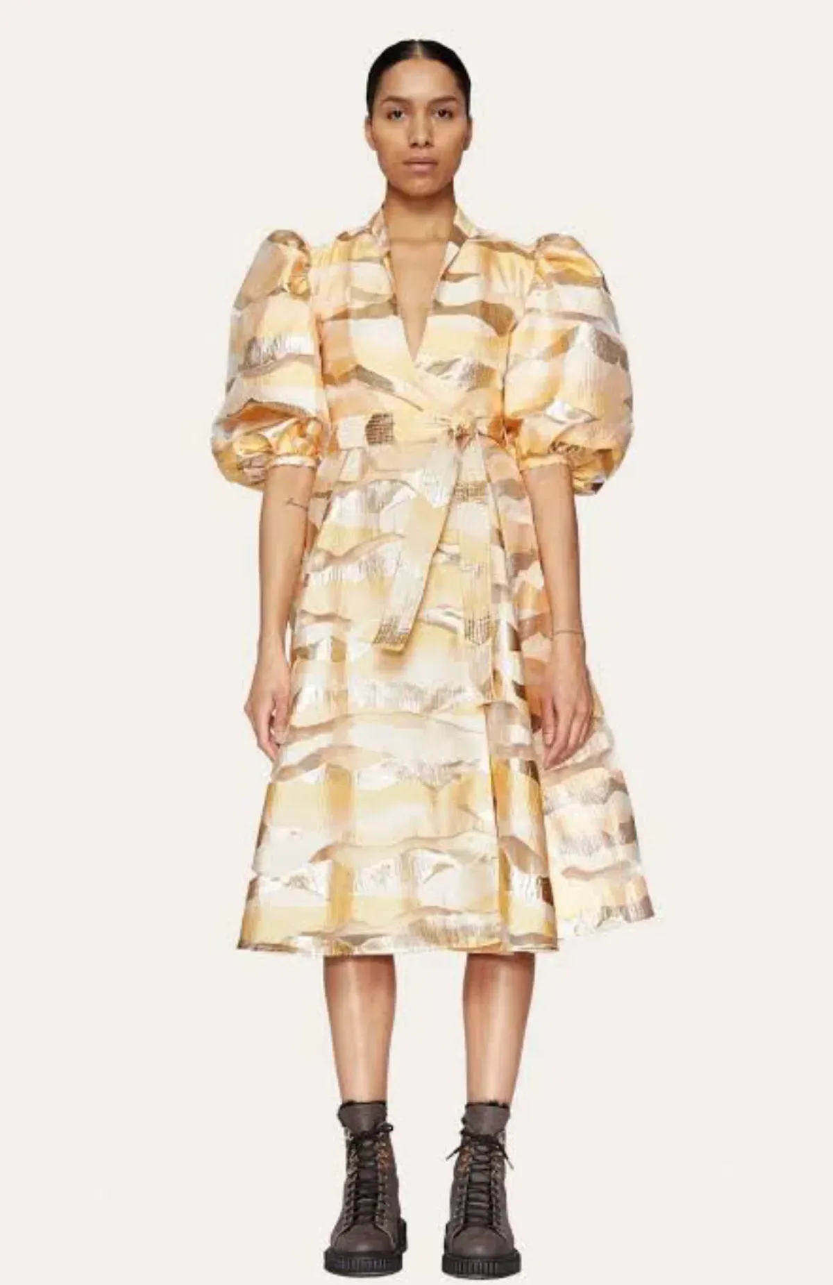 Stine Goya Belinda Gold Horizon Puff Sleeve Midi Dress Gold Size XS/AU 4 - Image 1