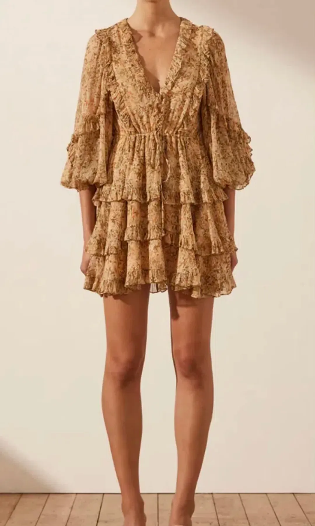 Shona Joy Louise Balloon Sleeve Frill Mini Dress Multi Size 10 / M for rent on The Volte - main image
