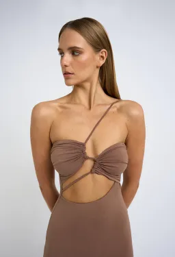 By Johnny Siya Slice Gather Midi Dress Tan Size 12 / L for rent on The Volte - image 2