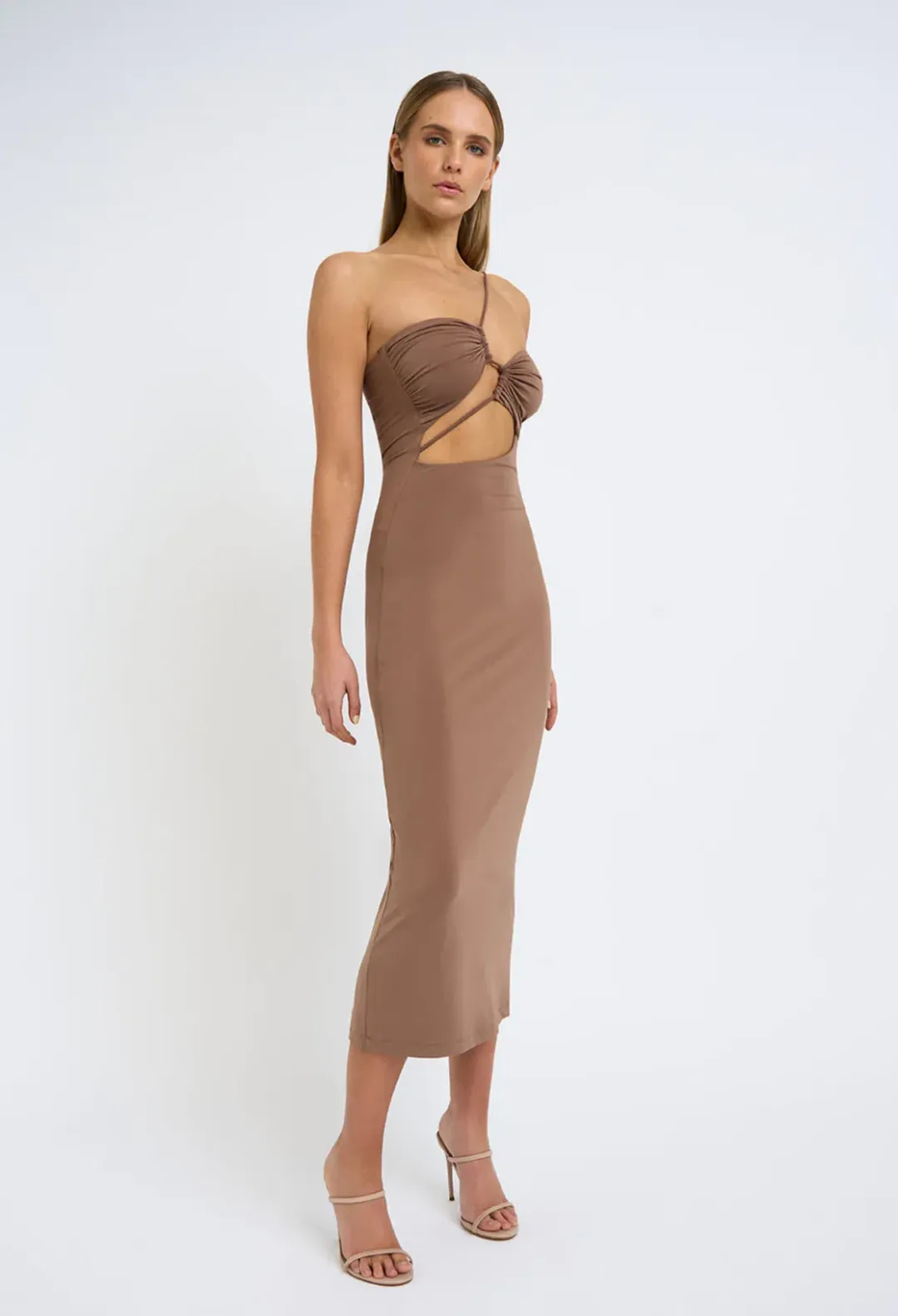By Johnny Siya Slice Gather Midi Dress Tan Size 12 / L for rent on The Volte - main image