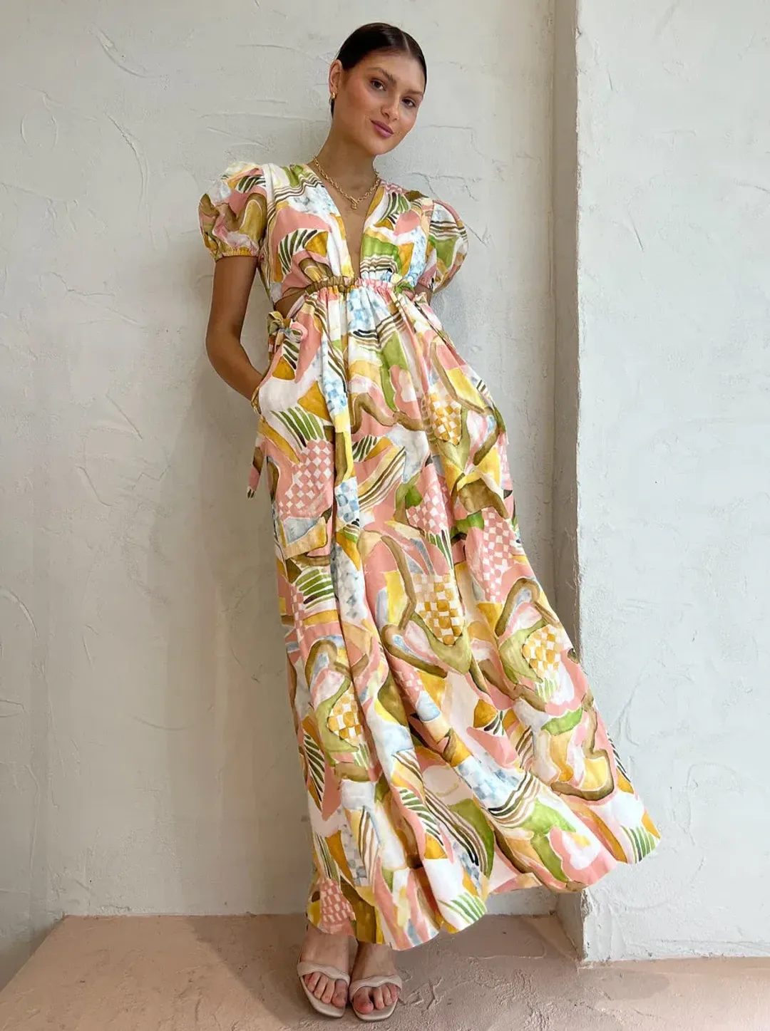 By Nicola Ahoy Plunge Neckline Maxi Dress in Swirl Check Size 14 for rent on The Volte - main image
