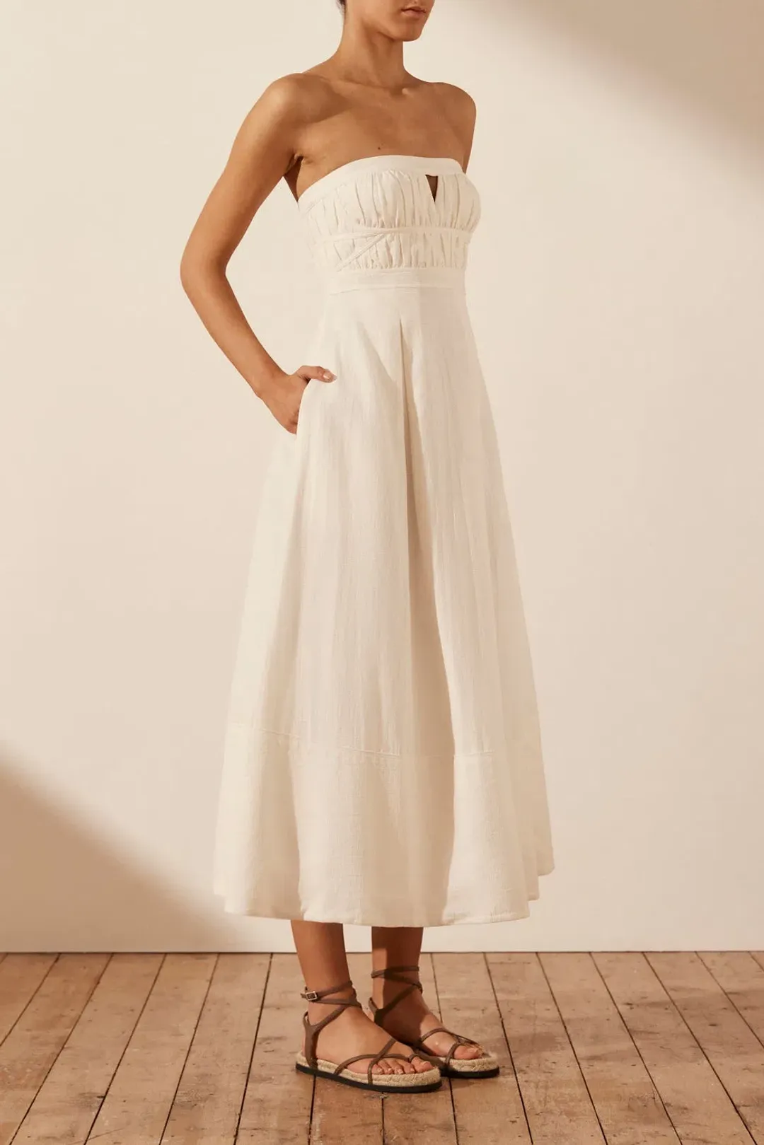 Shona Joy Akua Strapless Bustier Midi Dress Coconut Size 12 for rent on The Volte - main image