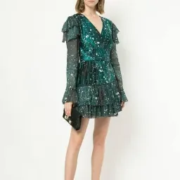 Aje Sorocco Ruffle Mini Dress Green White Flared Sleeves Silk Linen Blend Green Size 10 for rent on The Volte - image 2