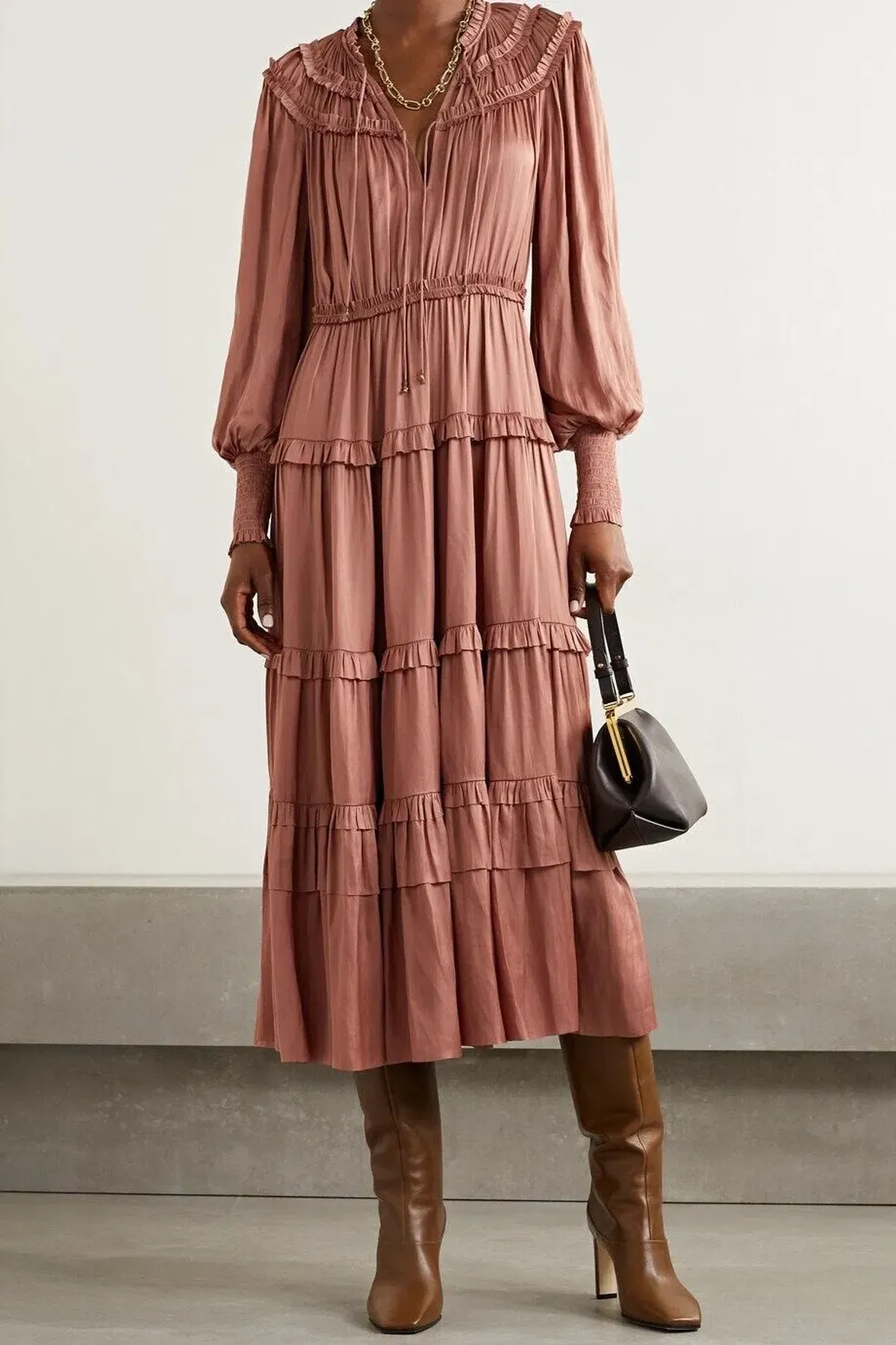 Ulla Johnson Serena Ruffled Satin Midi Dress Copper Pink Size 10 - Image 3