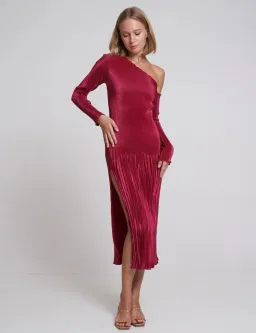 L'idee Soiree Gigi Pleated One Sleeve Cold Shoulder Gown Dress Ruby Red Size 8 / S for rent on The Volte - image 1