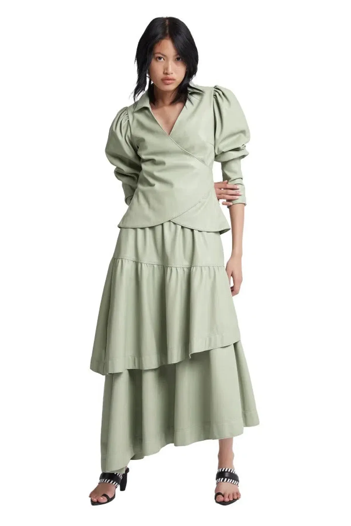 Aje Idyllic Wrap Top and Skirt Set Dusty Sage Green Size 6 for rent on The Volte - main image