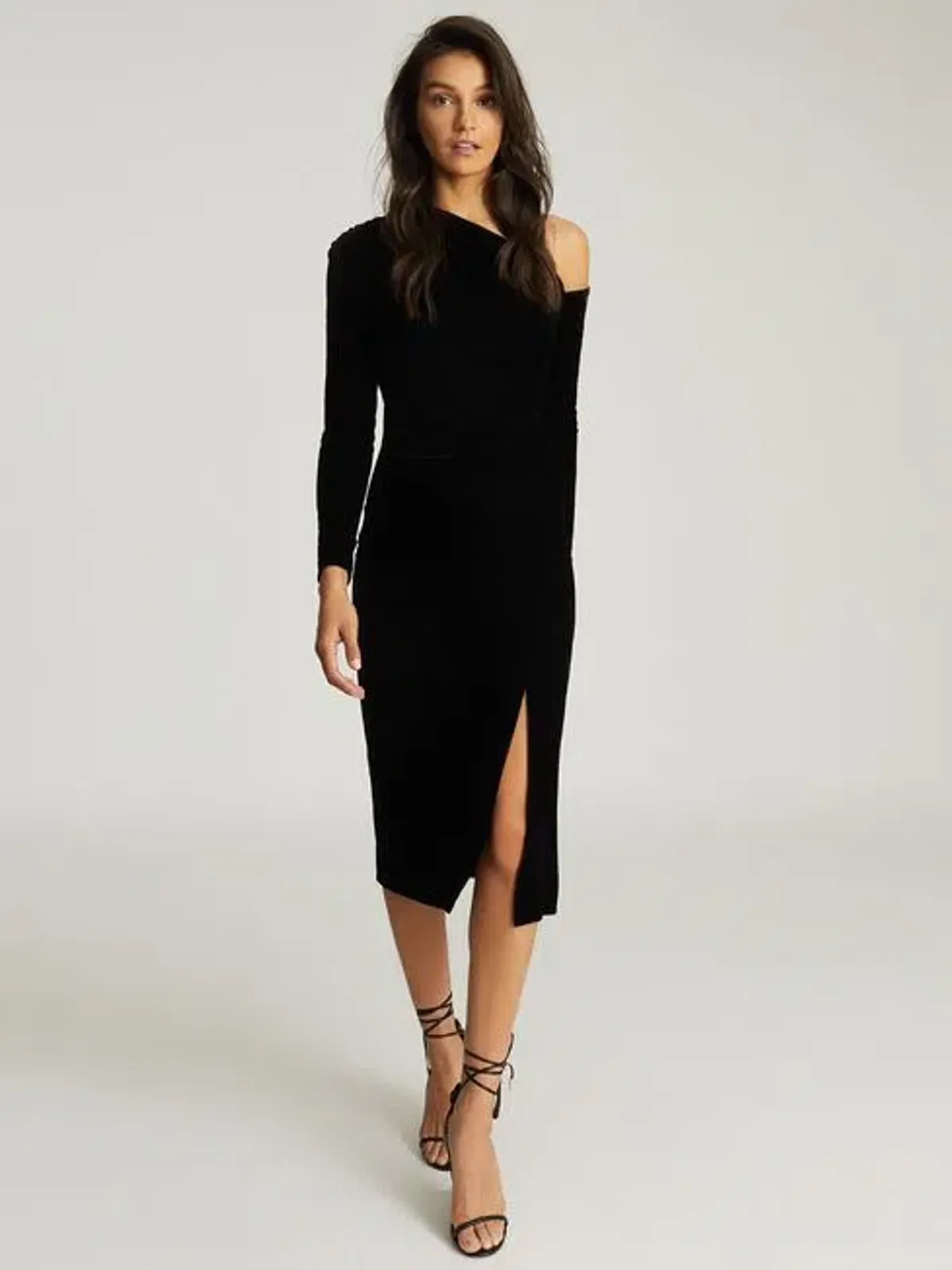 Reiss Bella Asymmetrical Neck Velvet Dress in Black Size AU 6 for rent on The Volte - main image