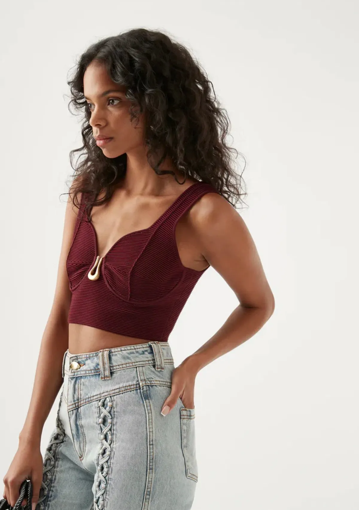 Aje Clay Sculptural Knit Bralette Burgundy Size AU 8 - Image 2