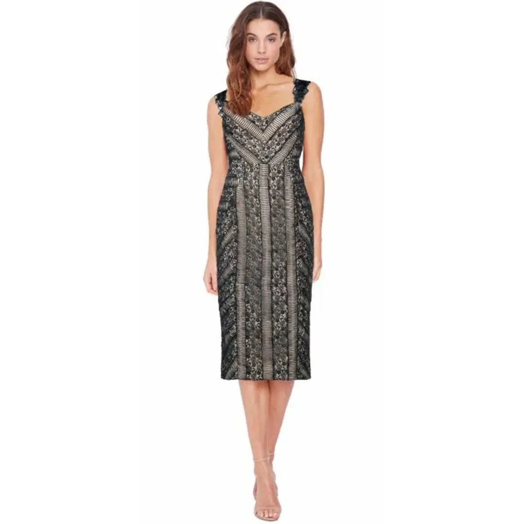 Rebecca Vallance Lou Lou Ruffle Pencil Midi Dress Lace Embroidered Black Size AU 8 for rent on The Volte - main image
