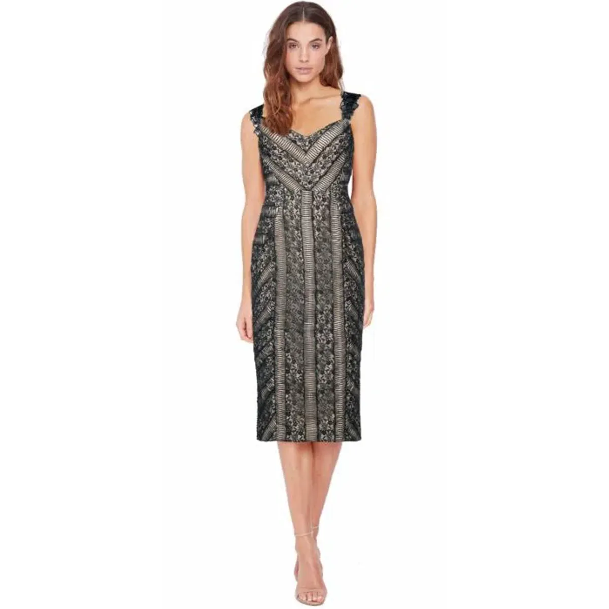 Rebecca Vallance Lou Lou Ruffle Pencil Midi Dress Lace Embroidered Black Size AU 8 for rent on The Volte - main image