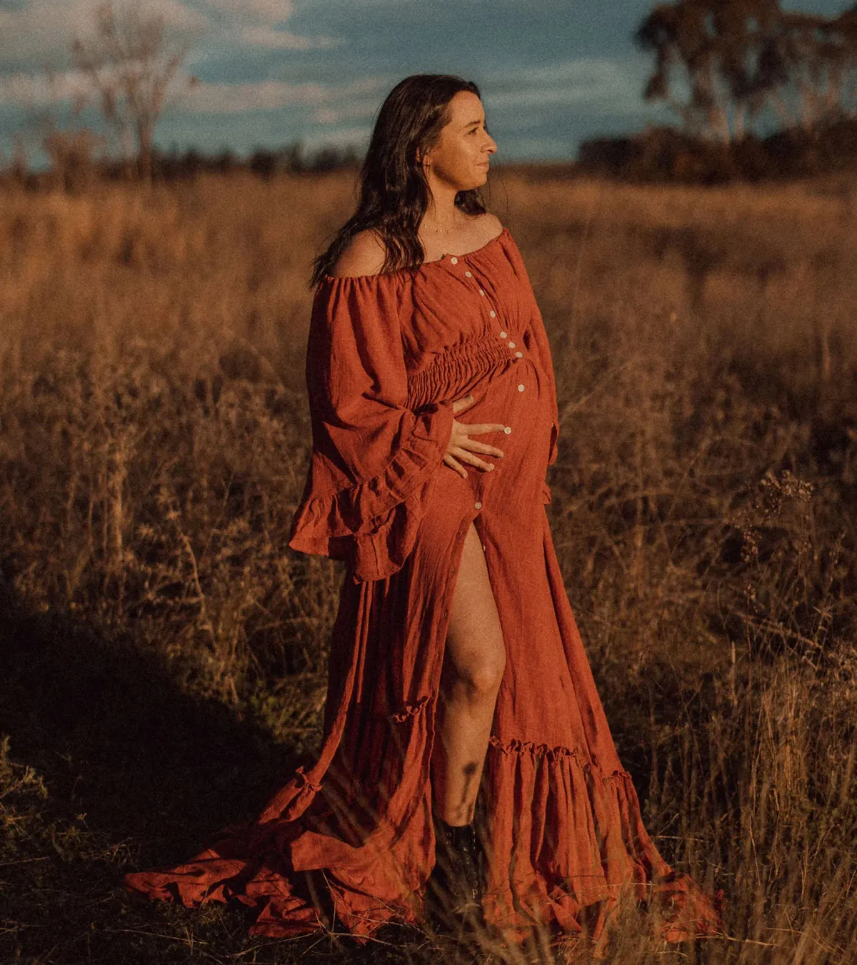 We Are Reclamation Ruffle Me Open Gown in Rust One Size Fits Most - Image 7
