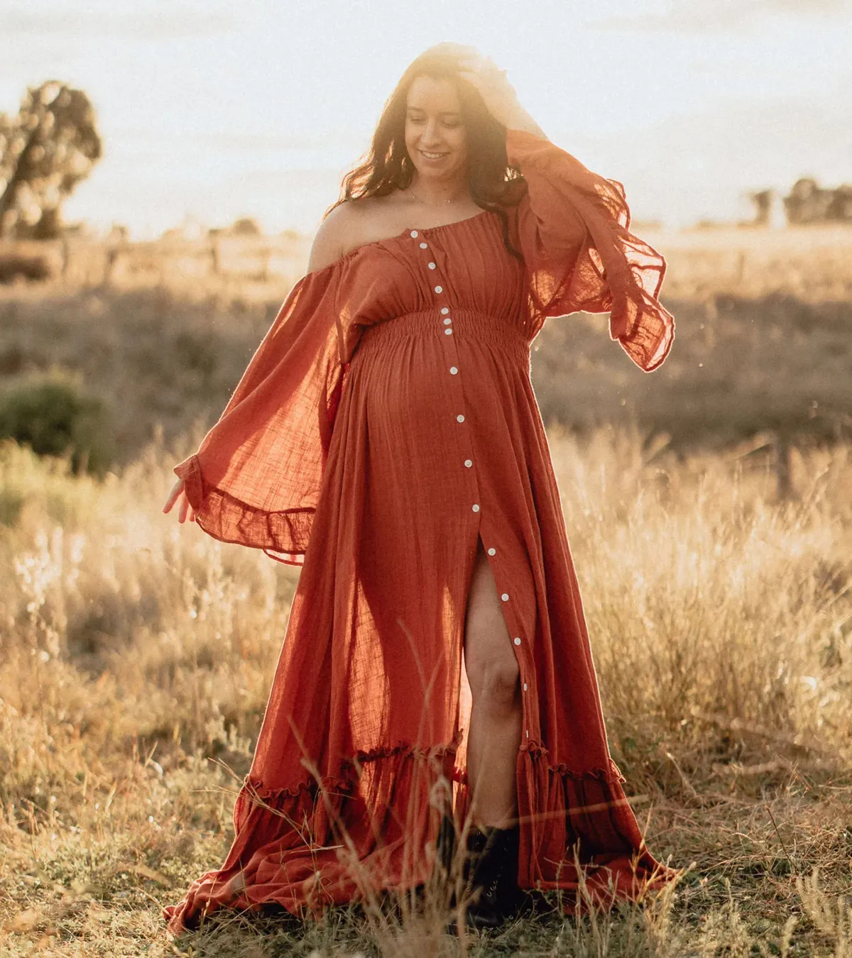 We Are Reclamation Ruffle Me Open Gown in Rust One Size Fits Most - Image 8