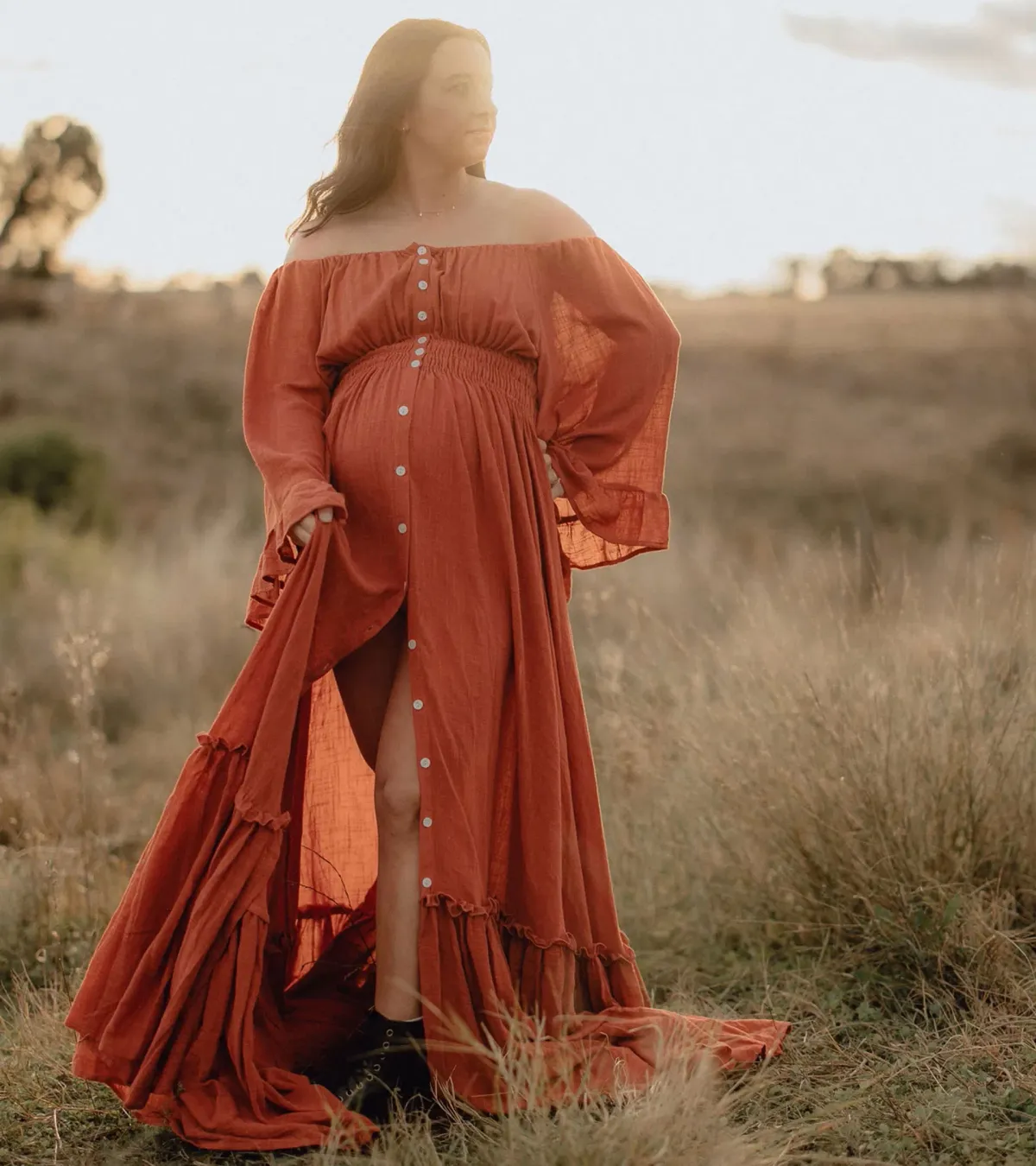 We Are Reclamation Ruffle Me Open Gown in Rust One Size Fits Most - Image 6