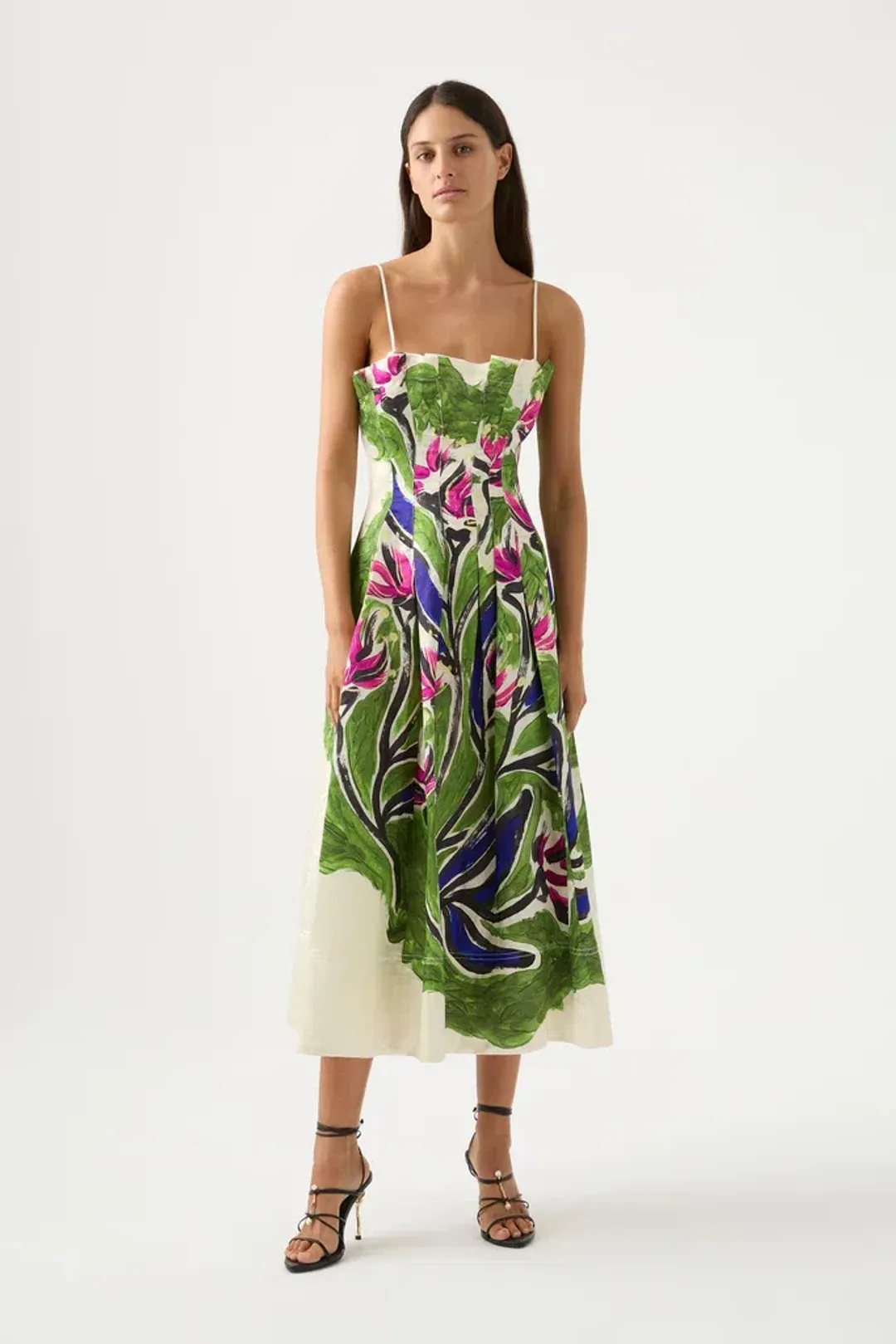 Aje Paradiso Cinched Midi Dress Sundress Green Floral Size AU 12 for rent on The Volte - main image