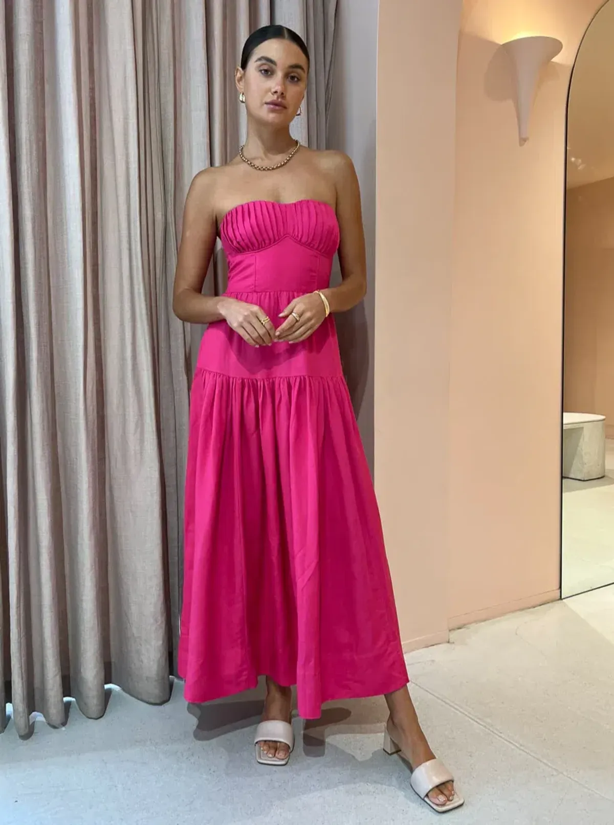 Shona Joy Joanine Linen Strapless Ruched Midi Dress Pink Size 8 / S - Image 1