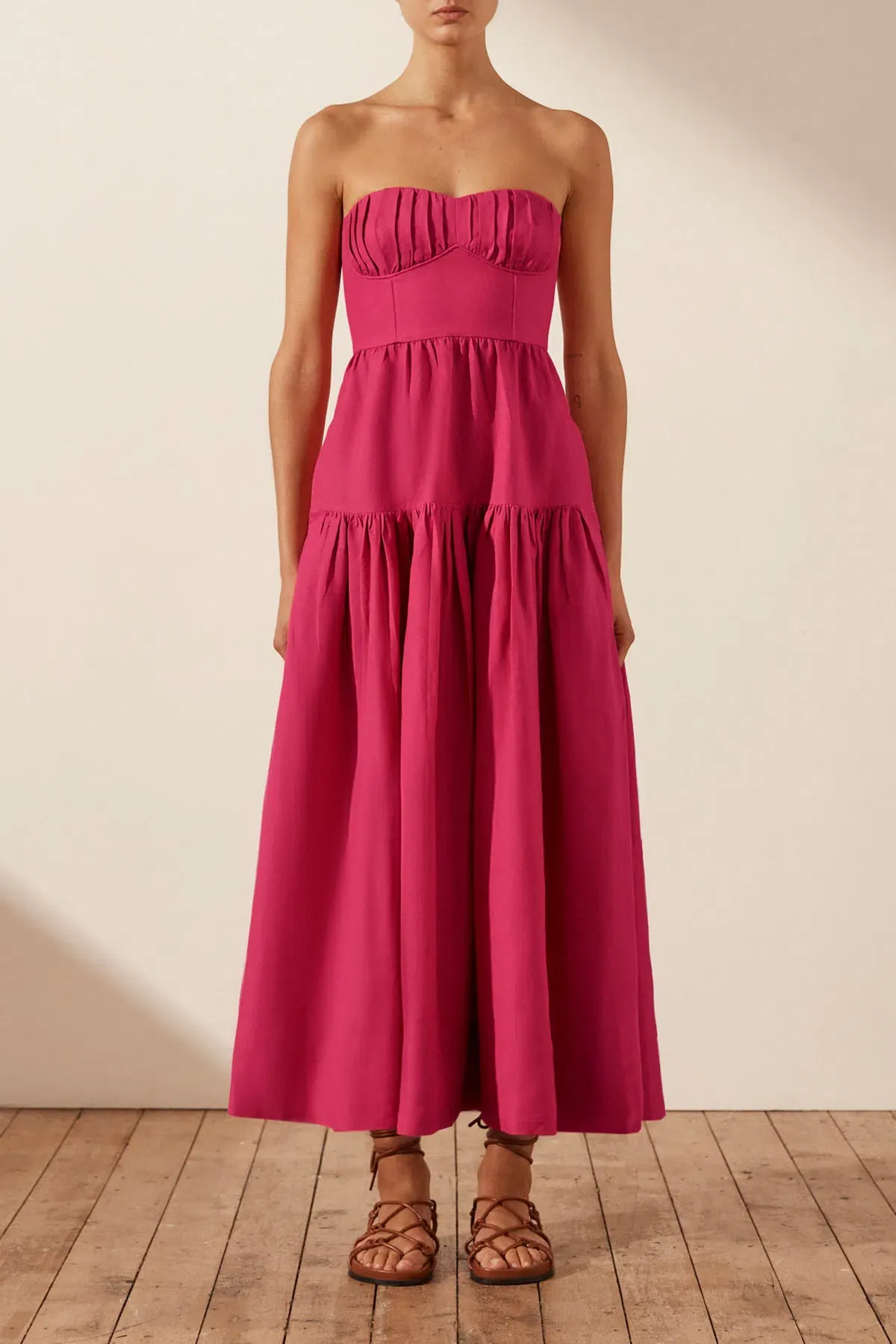 Shona Joy Joanine Linen Ruched Midi Dress Pink Size 14 / XL - Image 1