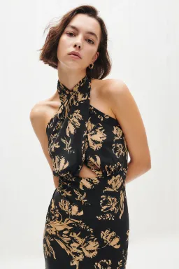Shona Joy Dawn Silk Cross Front Halter Midi Dress Print Size 8 / S for rent on The Volte - image 2