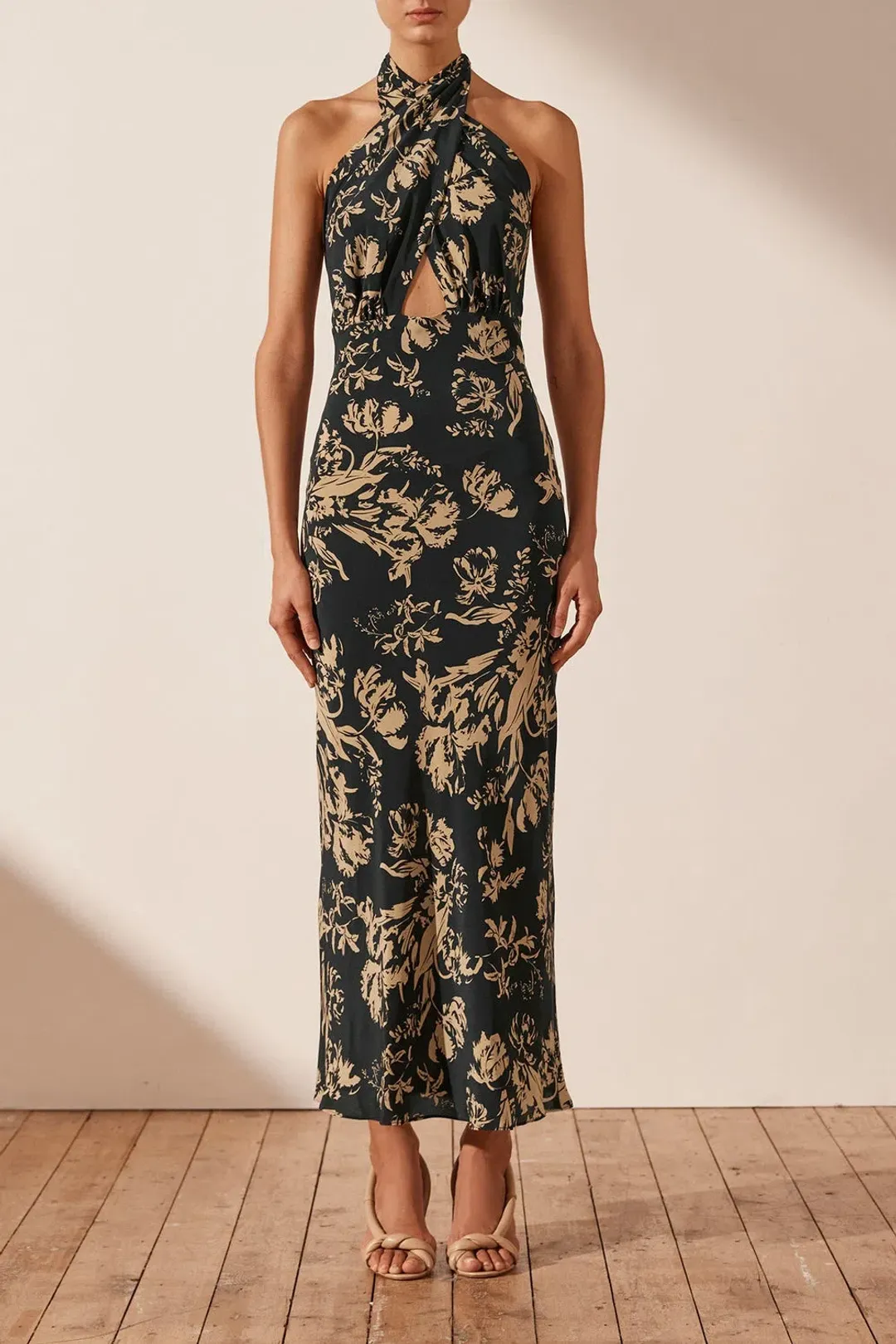 Shona Joy Dawn Silk Cross Front Halter Midi Dress Print Size 8 / S for rent on The Volte - main image