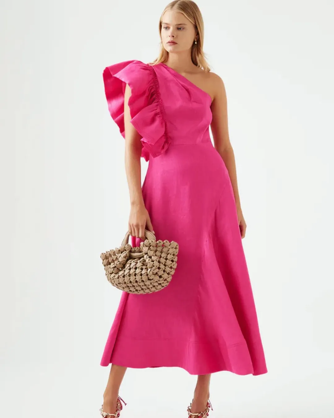 Aje Bonjour Asymmetric Midi Dress in Fuchsia Pink Size 16 (fit~14) for rent on The Volte - main image