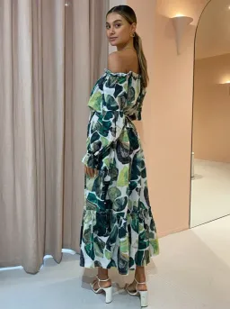 Alemais Siena Off Shoulder Shirt Midi Dress In Green Floral Long Sleeve Green Size AU 14 for rent on The Volte - image 5