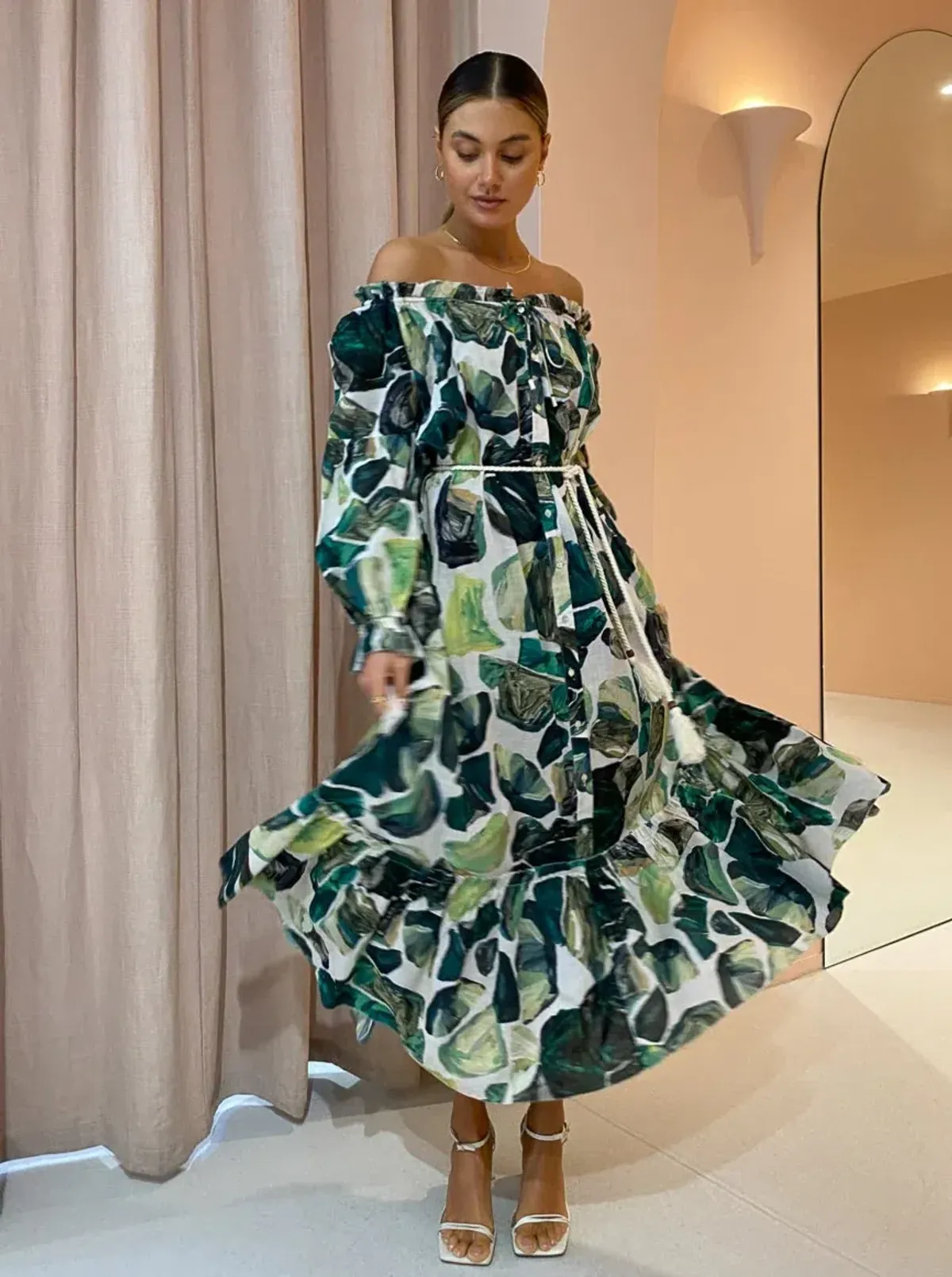 Alemais Siena Off Shoulder Shirt Midi Dress In Green Floral Long Sleeve Green Size AU 14 for rent on The Volte - main image
