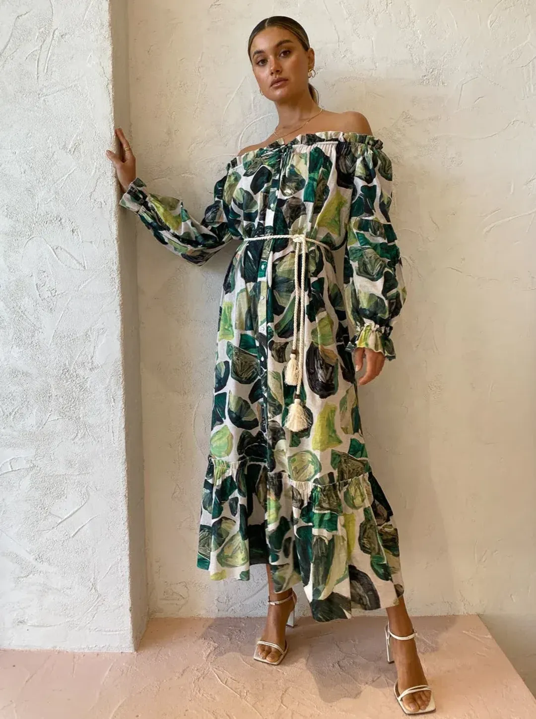 Alemais Siena Off Shoulder Shirt Midi Dress In Green Floral Long Sleeve Green Size AU 14 for rent on The Volte - main image