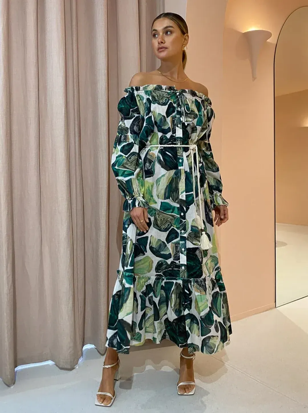 Alemais Siena Off Shoulder Shirt Midi Dress In Green Floral Long Sleeve Green Size AU 14 for rent on The Volte - main image