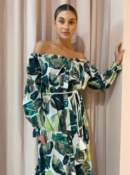 Alemais Siena Off Shoulder Shirt Midi Dress In Green Floral Long Sleeve Green Size AU 14 for rent on The Volte - image 7