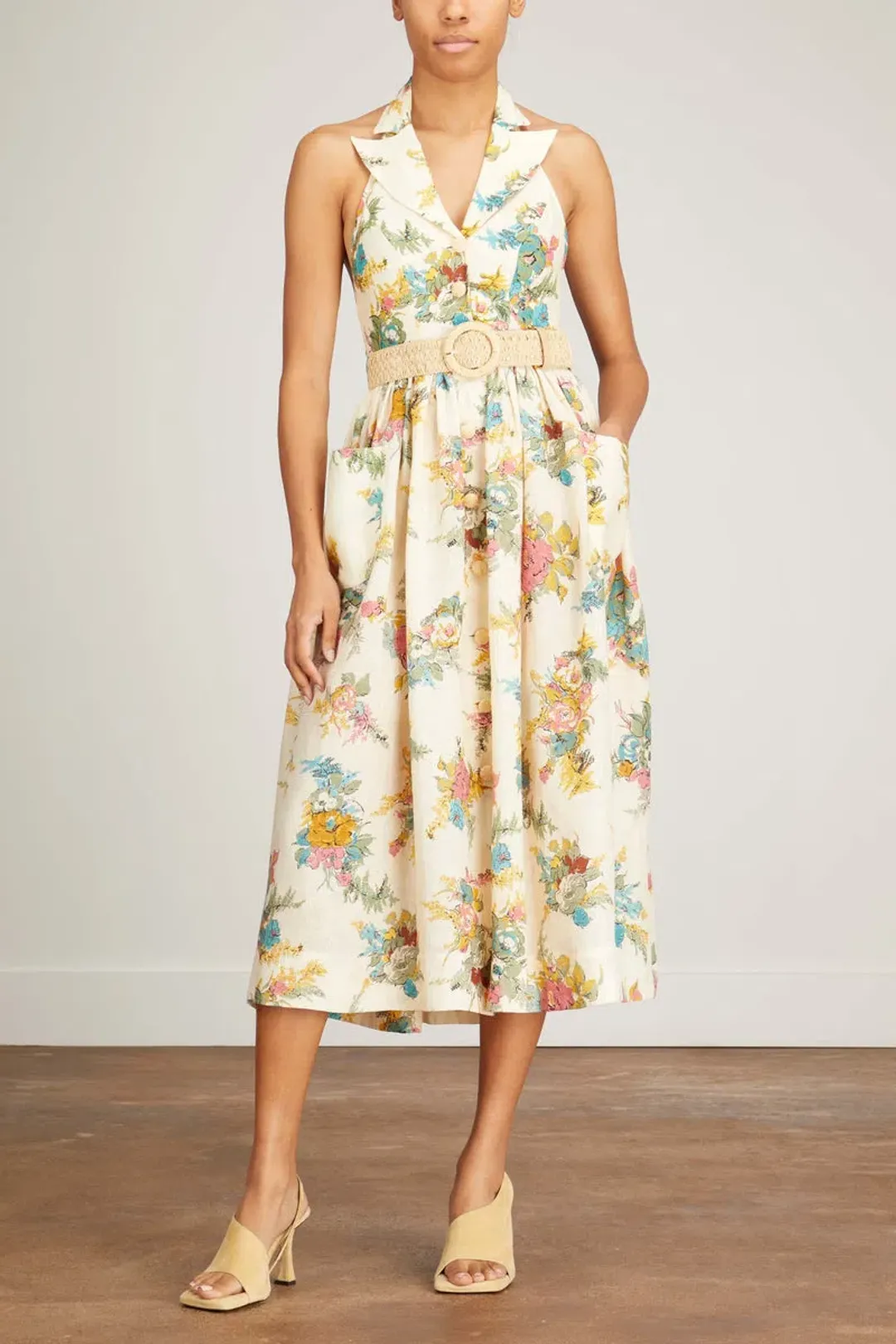 Zimmermann Clover Halter Shirt Midi Dress Honey Floral Size 1 / AU 10 for rent on The Volte - main image